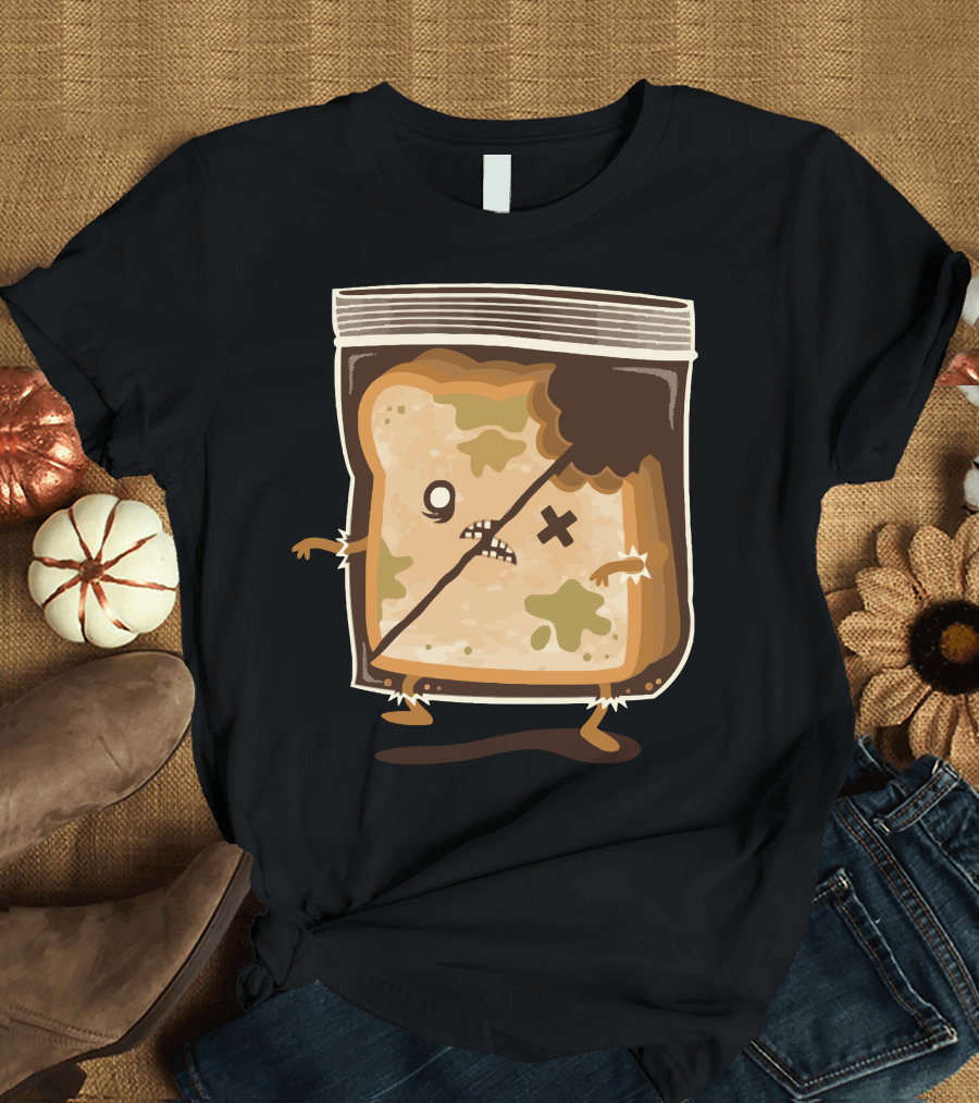 Breaaad Moldy Bread Cartoon with Bite Mark and Angry Face in a Bread Bag T-Shirt