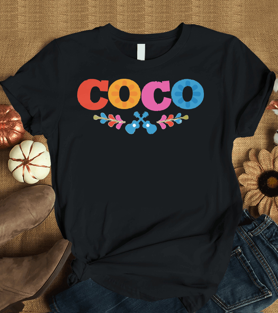 Coco Pixar Colorful Floral Guitar T-Shirt