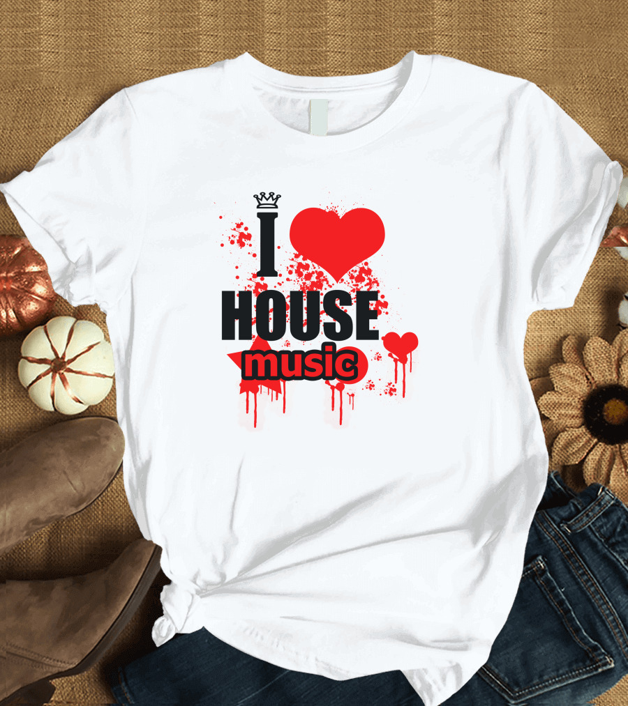 I Love House Music Men Logo3 Red Heart Splatter Crown T-Shirt