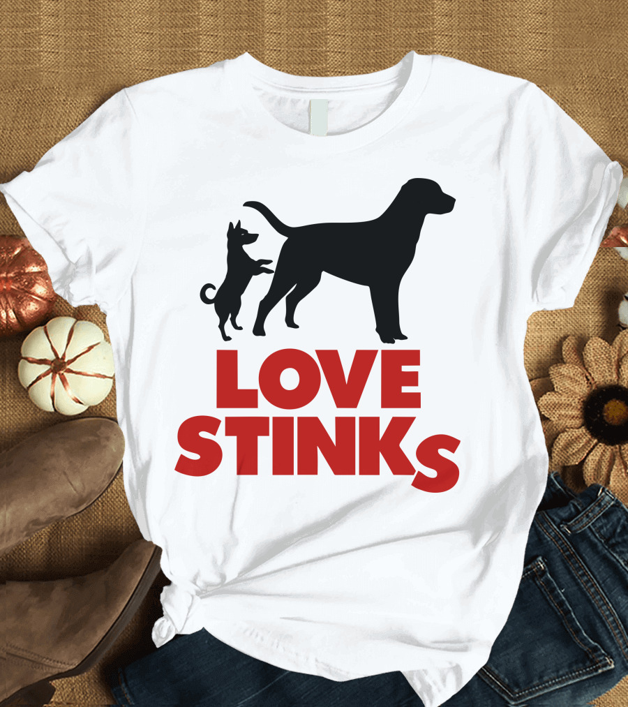 LOVE STINKS Two Dogs Silhouette Black Red Contrast T-Shirt