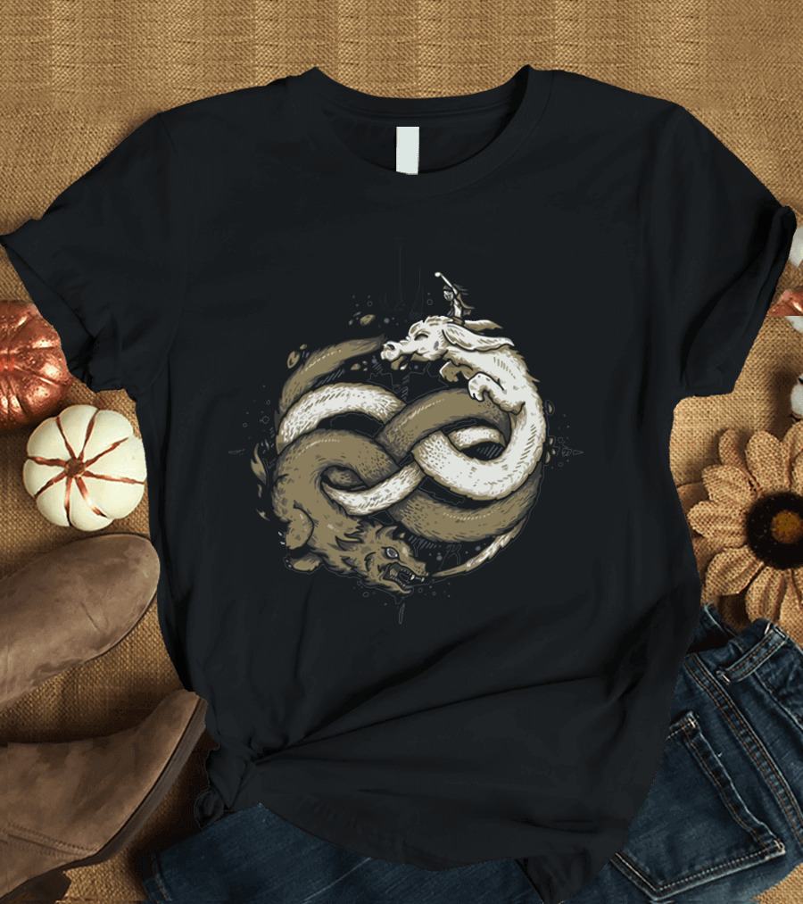 Neverending Fight Ouroboros Wolves Fantasy Battle T-Shirt
