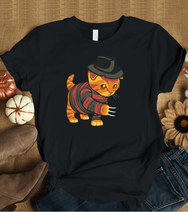 T-Shirt: Nightmeow On Elm Street Striped Sweater Cat with Claw Gloves and Hat T-Shirt Nightmeow On Elm Street Striped Sweater Cat with Claw Gloves and Hat T-Shirt