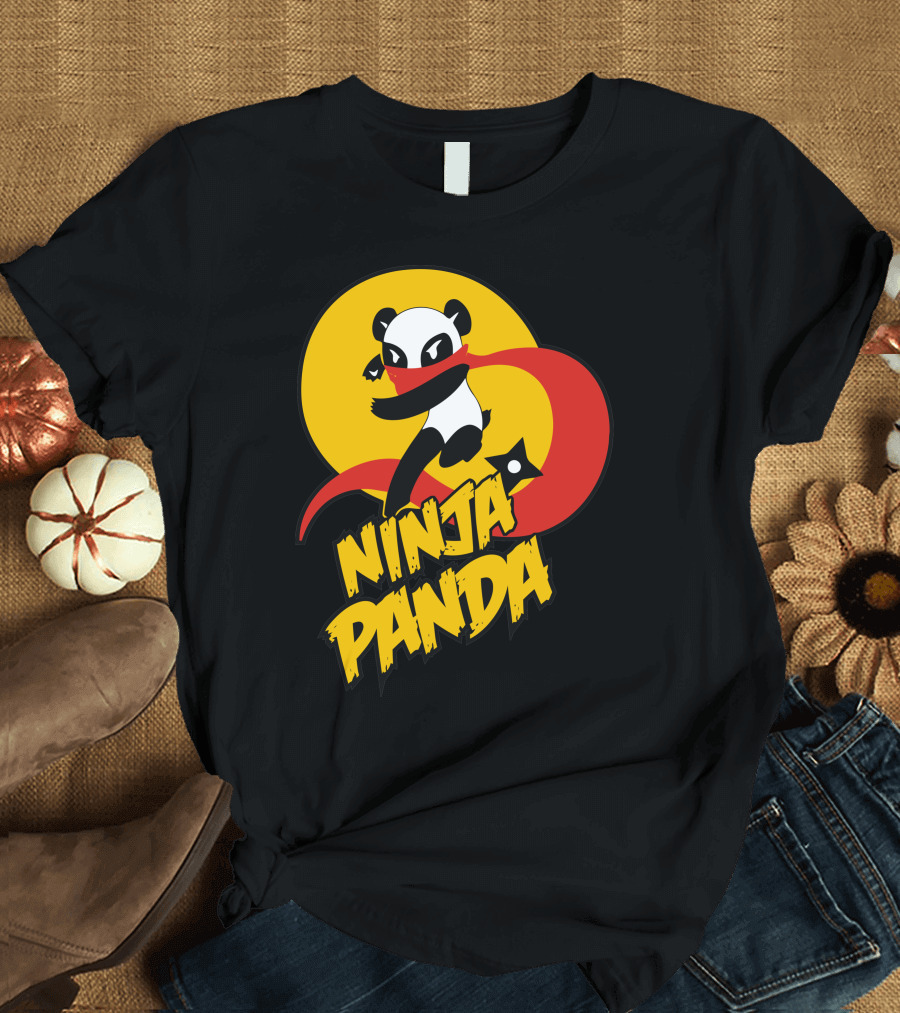 Ninja Panda with Shuriken and Red Scarf in Dynamic Pose T-Shirt