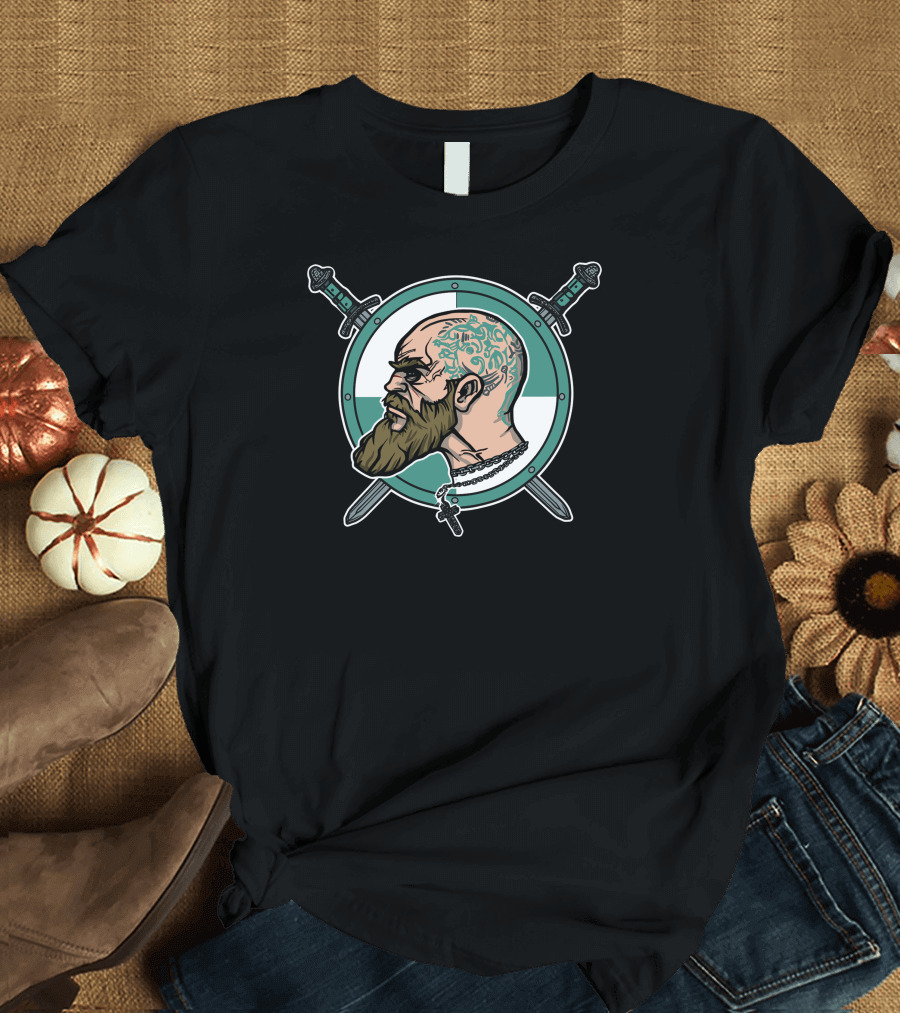 Norse Warlord Tattooed Viking Warrior with Swords and Shield T-Shirt