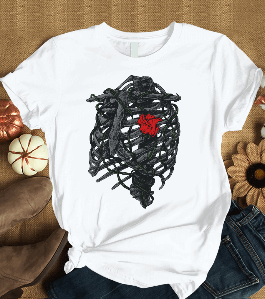 Blossom within Thorny Ribcage with Red Rose and Vines T-Shirt
