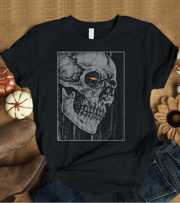 T-Shirt: Broken Frame Skull with Cracked Texture and Orange Accents T-Shirt Broken Frame Skull with Cracked Texture and Orange Accents T-Shirt