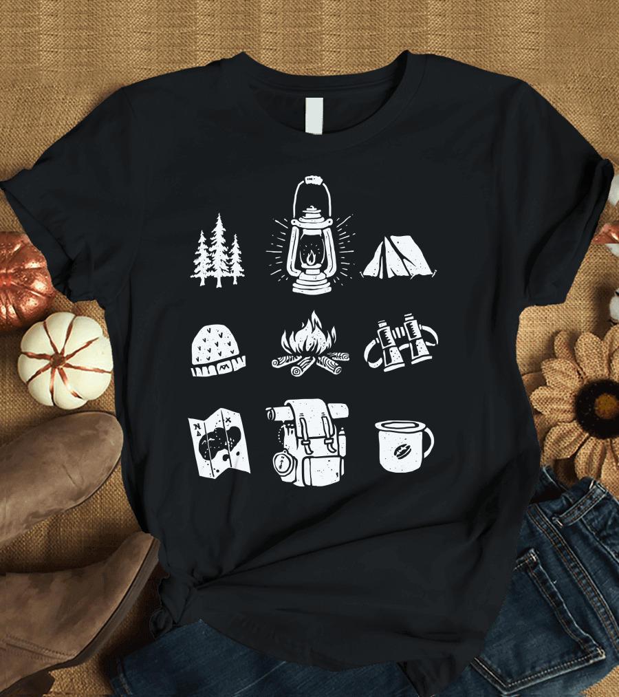 Camp Lantern Tent Trees Fire Backpack Binoculars Map Mug Beanie T-Shirt