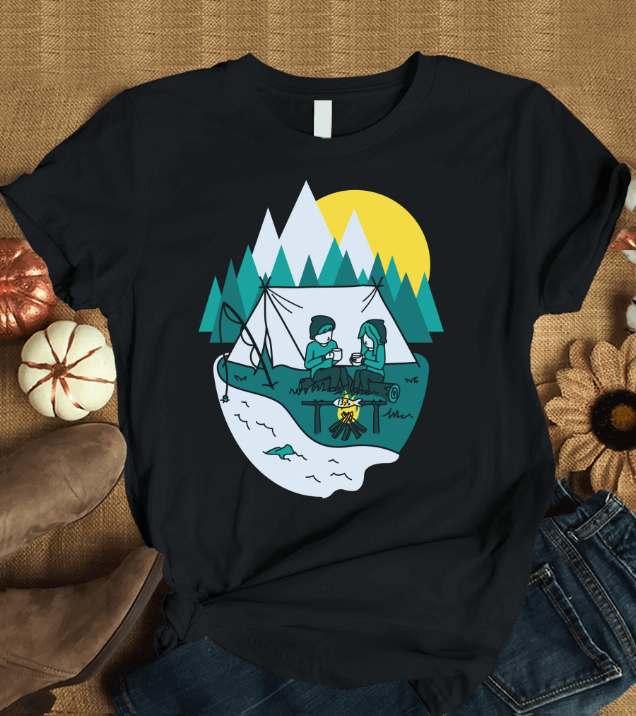 Camplove Cozy Campfire Mountain Scene with Tent and River T-Shirt