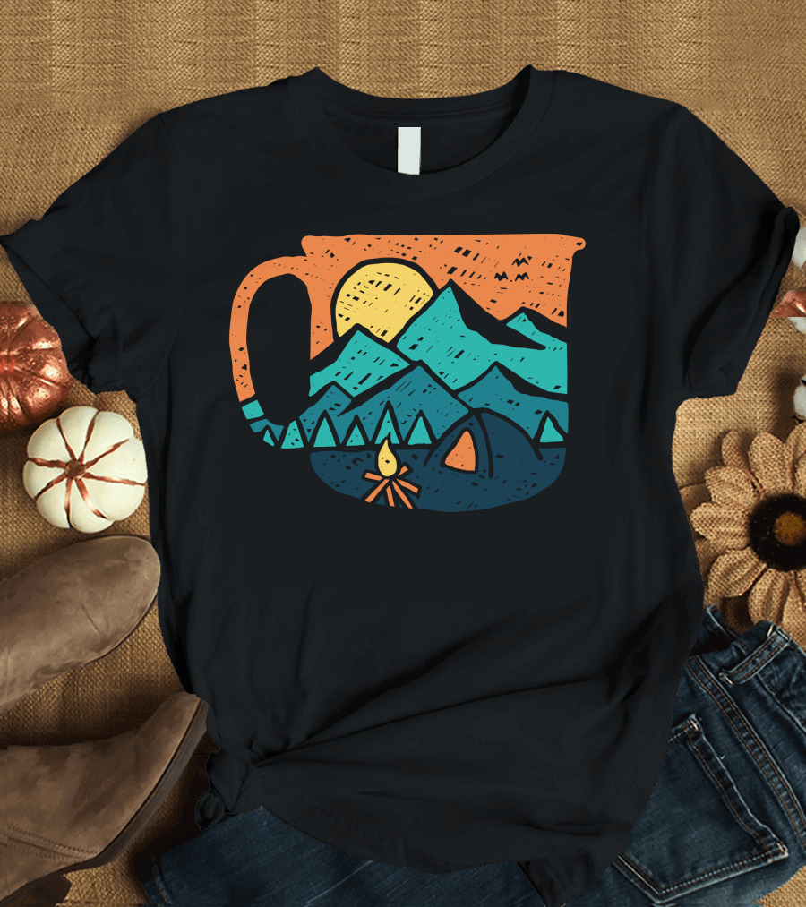 Coffee Mug with Campfire and Mountain Adventure Scene T-Shirt