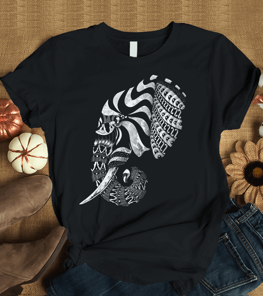 Elephant Ornate Psychedelic Black and White African T-Shirt