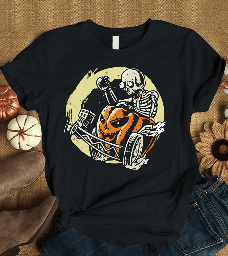 Halloracerween Skeleton Driving Jack-O'-Lantern Racing Car T-Shirt