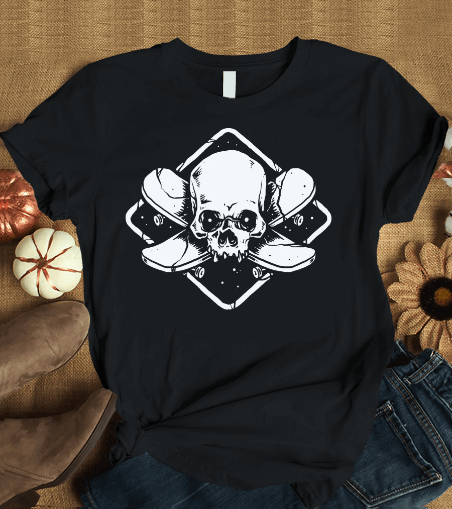 Skate Until The End Skull and Crossed Skateboards T-Shirt