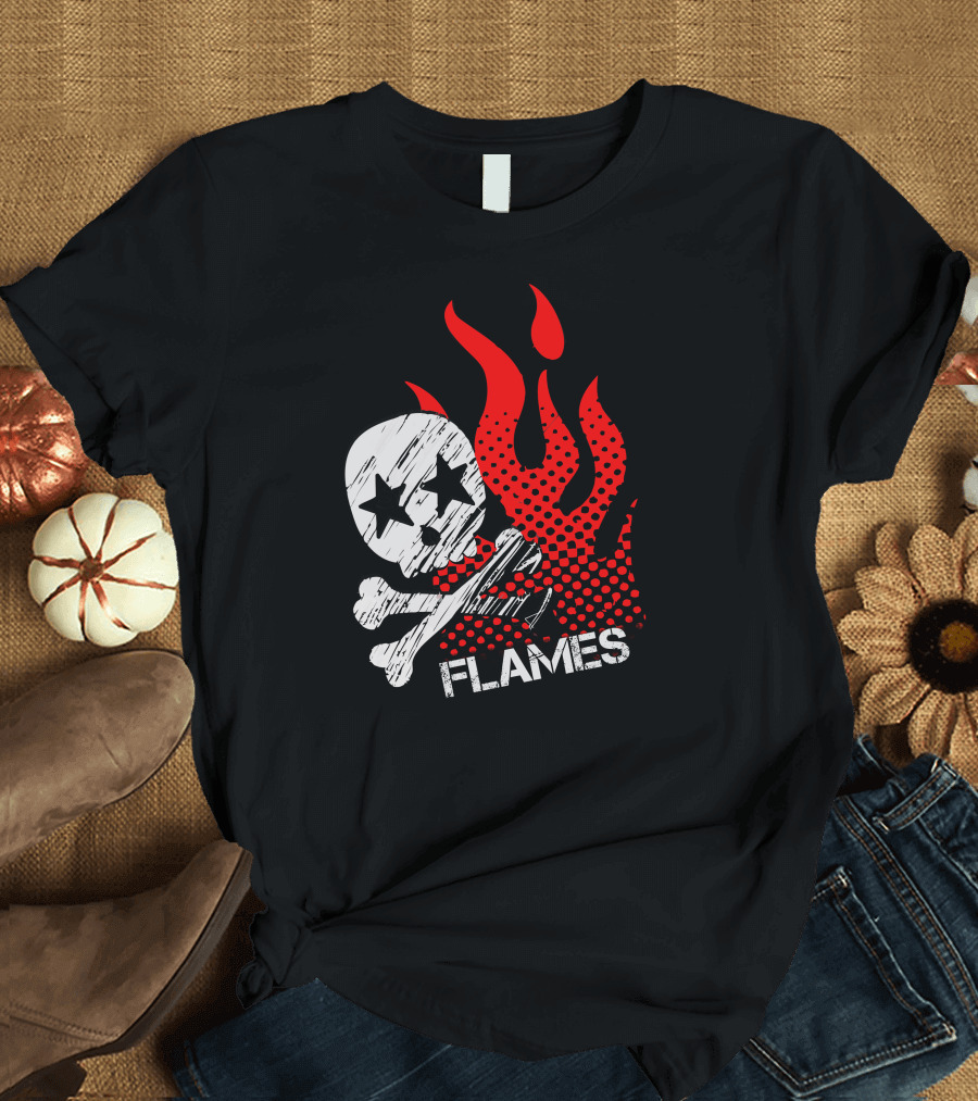 Skull Flames Red Stars Bones T-Shirt