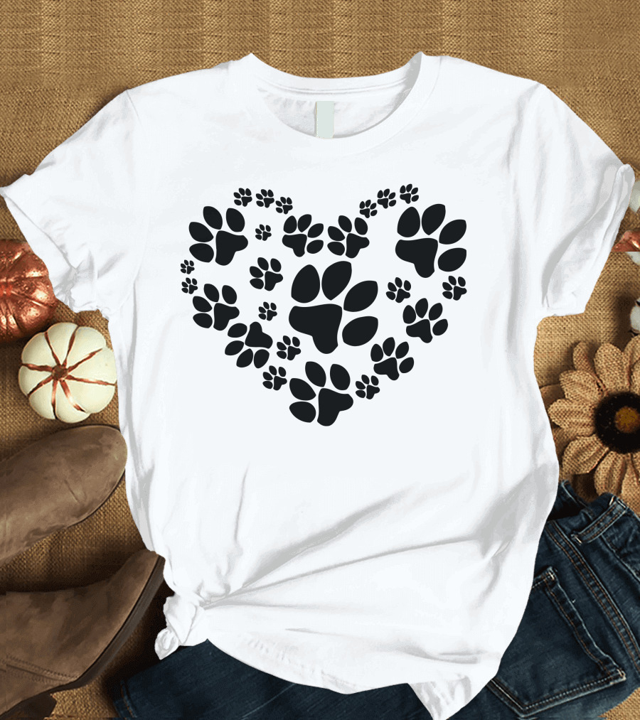Cat Love Heart with Paw Prints T-Shirt