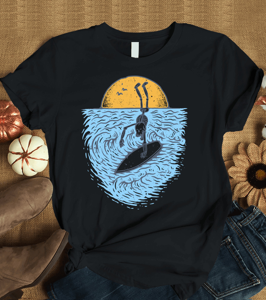 Death Surfer Skeleton Riding a Wave at Sunset T-Shirt