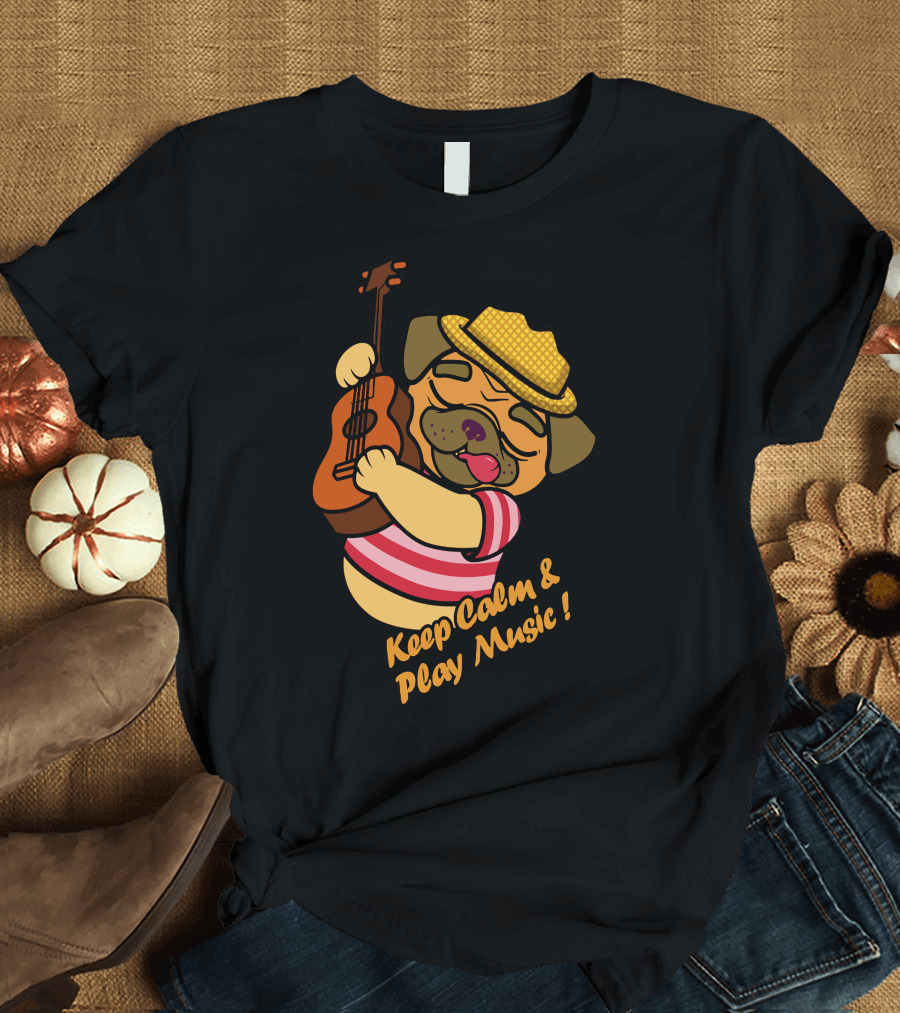 Keep Calm and Play Music Pug with Guitar and Straw Hat T-Shirt