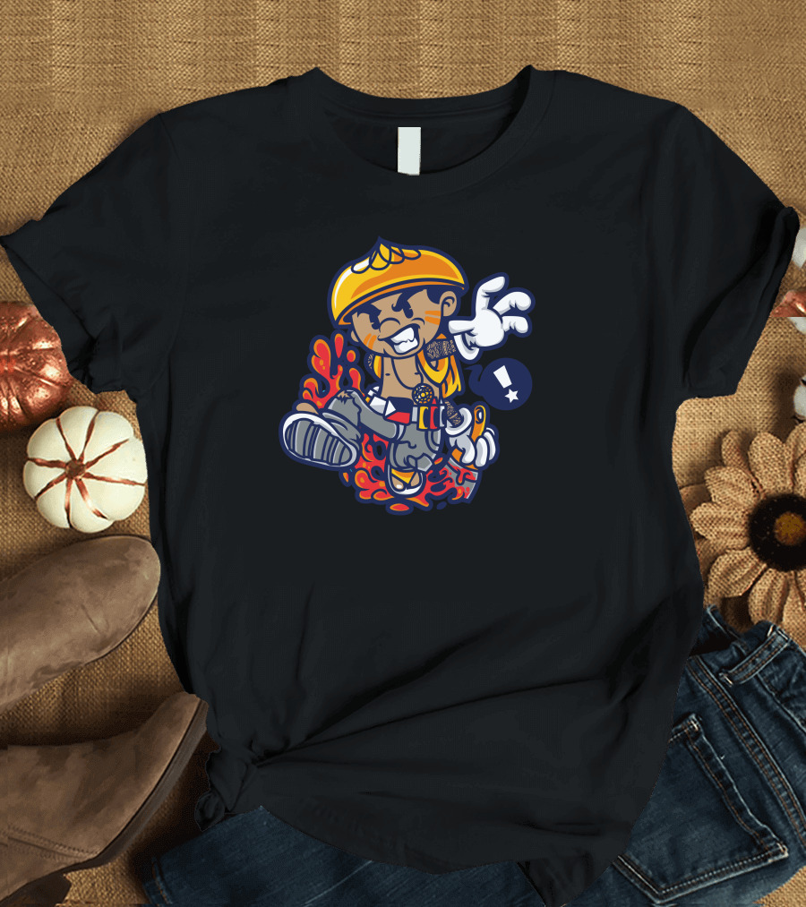 Pintados Cartoon Character with Yellow Hat and Glove on Fire Background T-Shirt