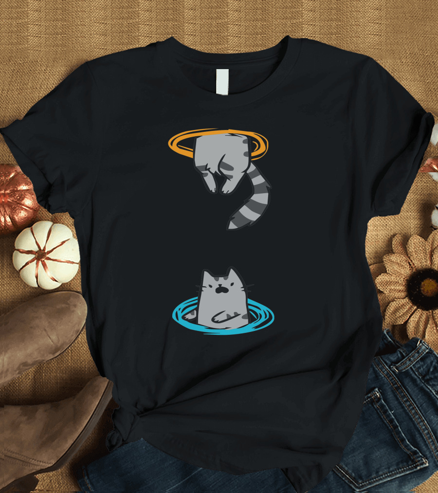 Portal Adventure: Cat Through Orange and Blue Rings T-Shirt