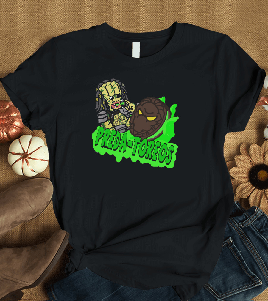 PREDA-TOREOS Alien Warrior with Mask and Green Flames T-Shirt
