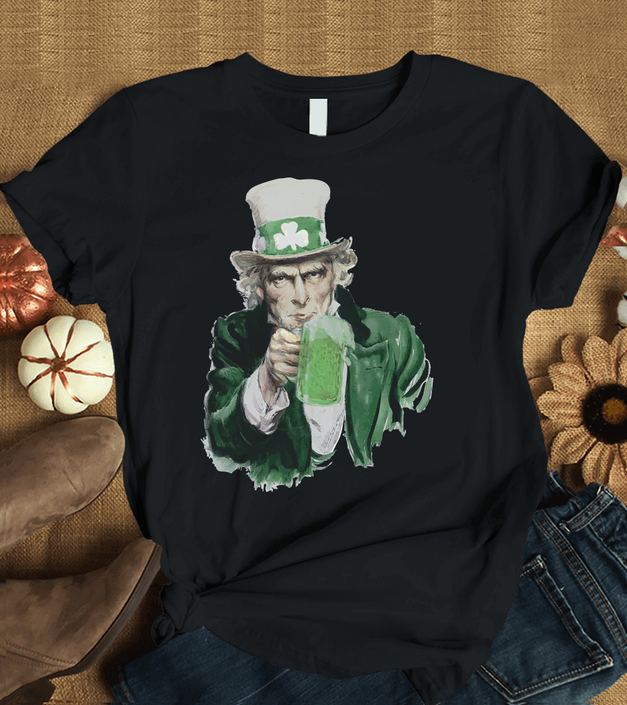 St Patricks Day Uncle Sam with Green Beer and Shamrock Hat T-Shirt