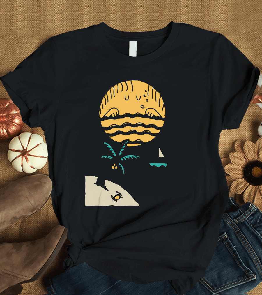 Sun Sleep Dreaming by the Ocean with Sailing Boat and Palm Island T-Shirt