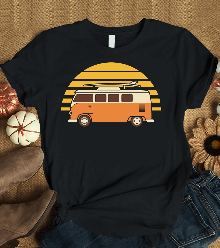 Orange Retro Van with Surfboard and Yellow Sunset T-Shirt
