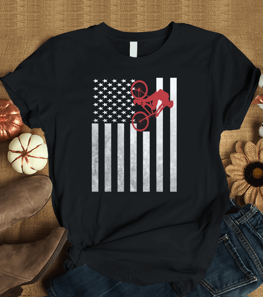 Mountain Bike American Flag Bicycle Cycling T-Shirt