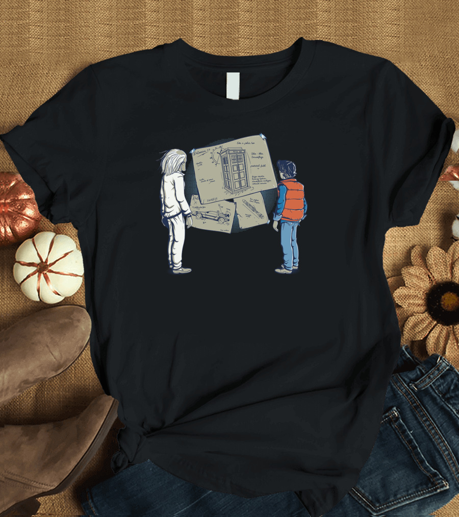 The Doctor and Marty Examine TARDIS and DeLorean Schematics T-Shirt