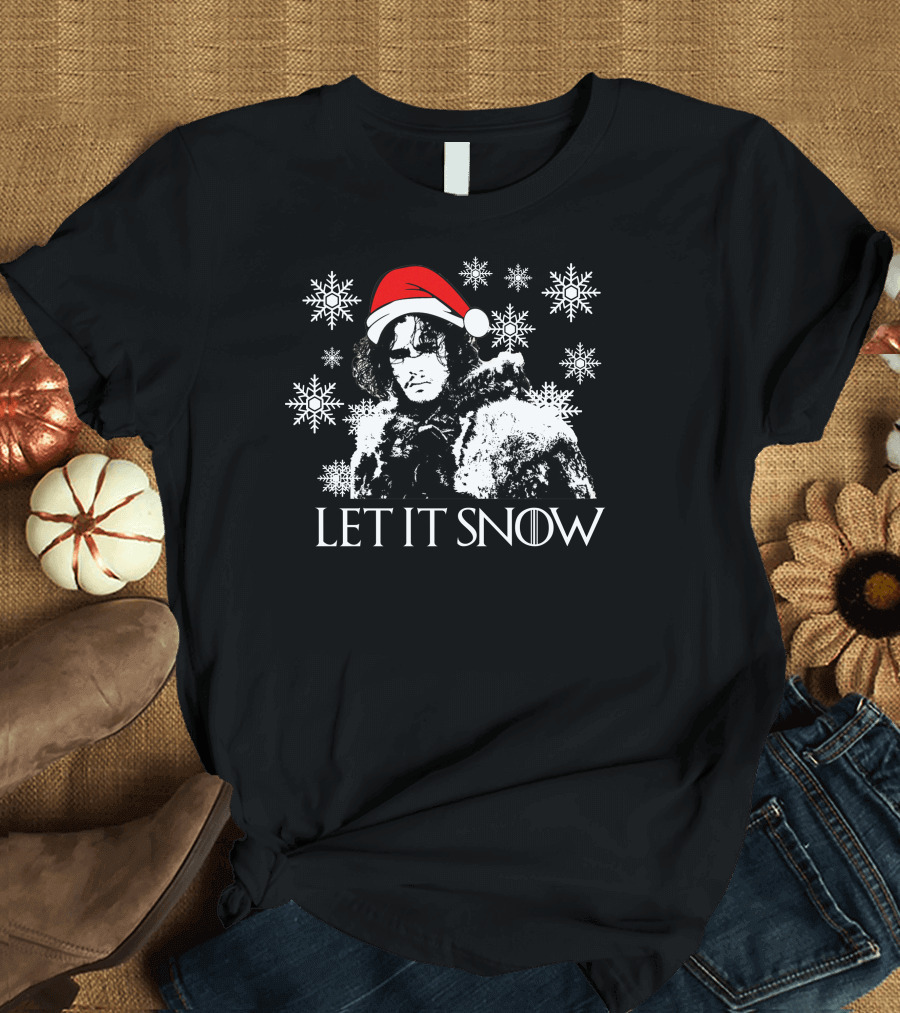 Let It Snow Santa Hat Character Surrounded by Snowflakes T-Shirt