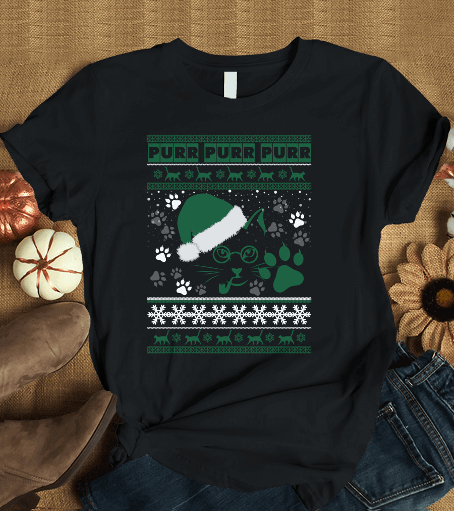 Purr Purr Purr Cat with Santa Hat and Paw Prints T-Shirt
