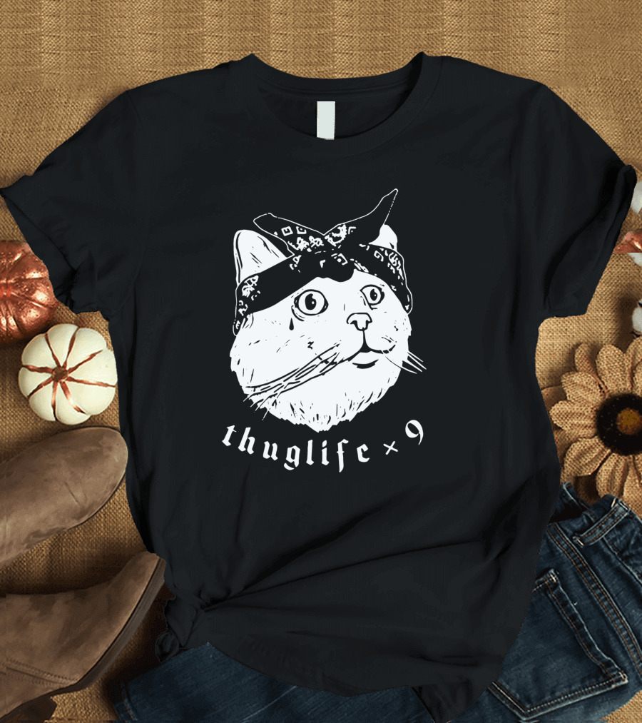 Thug Life Cat Bandana Illustration with Thuglife x 9 Text T-Shirt