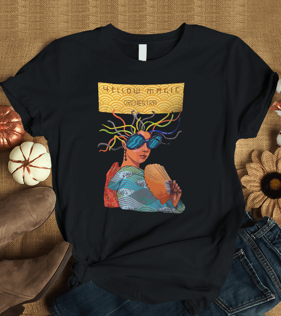 Yellow Magic Orchestra Psychedelic Geisha with Fan and Colorful Wiring T-Shirt