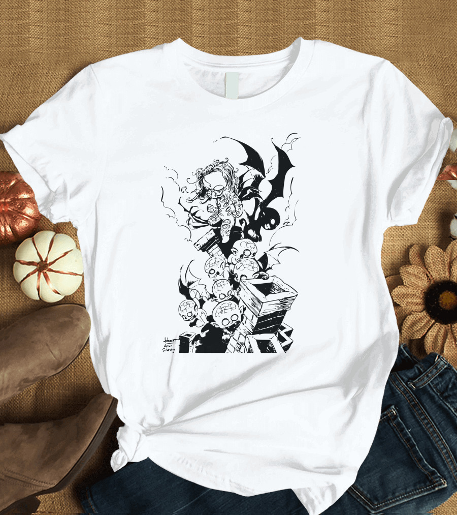 Baby Darkness Horror Gothic Creatures with Bat Wings on Rooftops by Shawn Coss T-Shirt