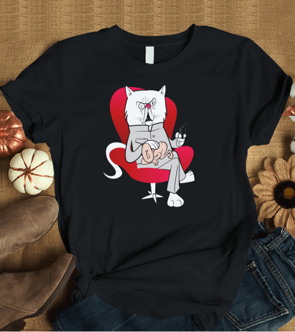 T-Shirt: Blofeld Cat Villain Illustration in Red Chair with Gun and Pet T-Shirt Blofeld Cat Villain Illustration in Red Chair with Gun and Pet T-Shirt