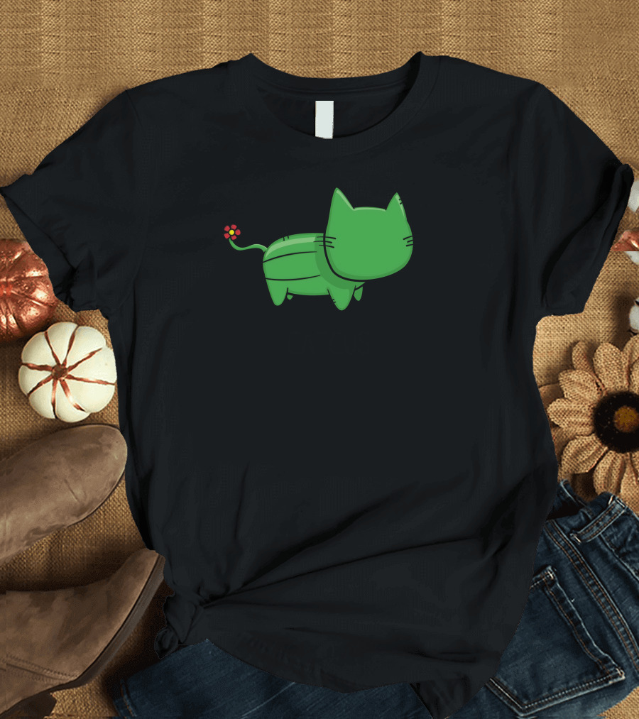 Catcus Green Cactus Cat with Flower Tail T-Shirt