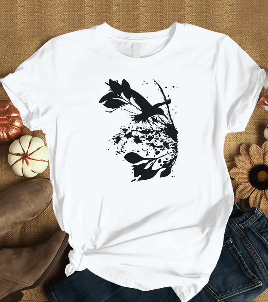Natures Matter Black Splatter Bird and Leaves T-Shirt