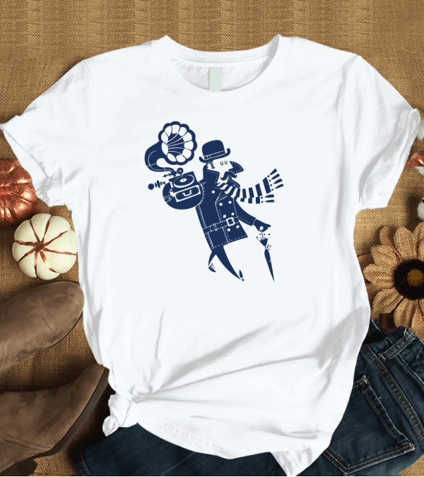 T-Shirt: Personal Mono Music Figure in Blue Coat and Scarf T-Shirt Personal Mono Music Figure in Blue Coat and Scarf T-Shirt