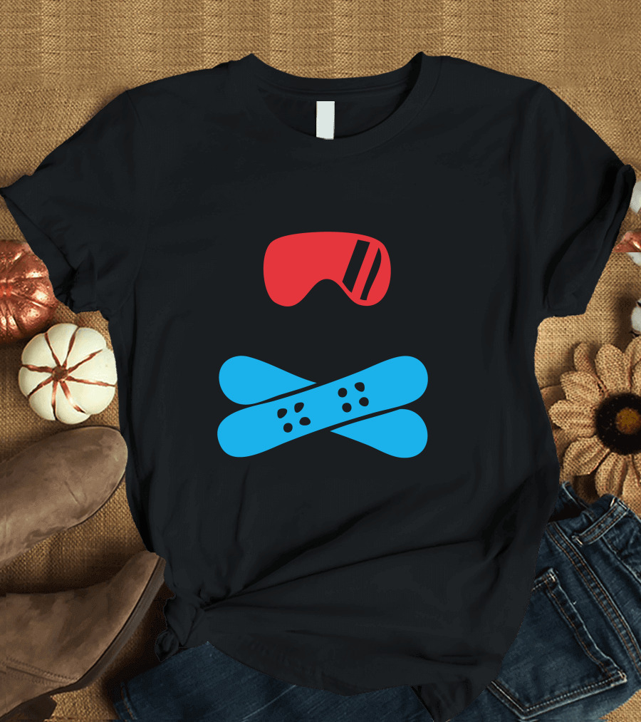 Skull with Snowboard Red Goggles Crossed Blue Snowboards T-Shirt