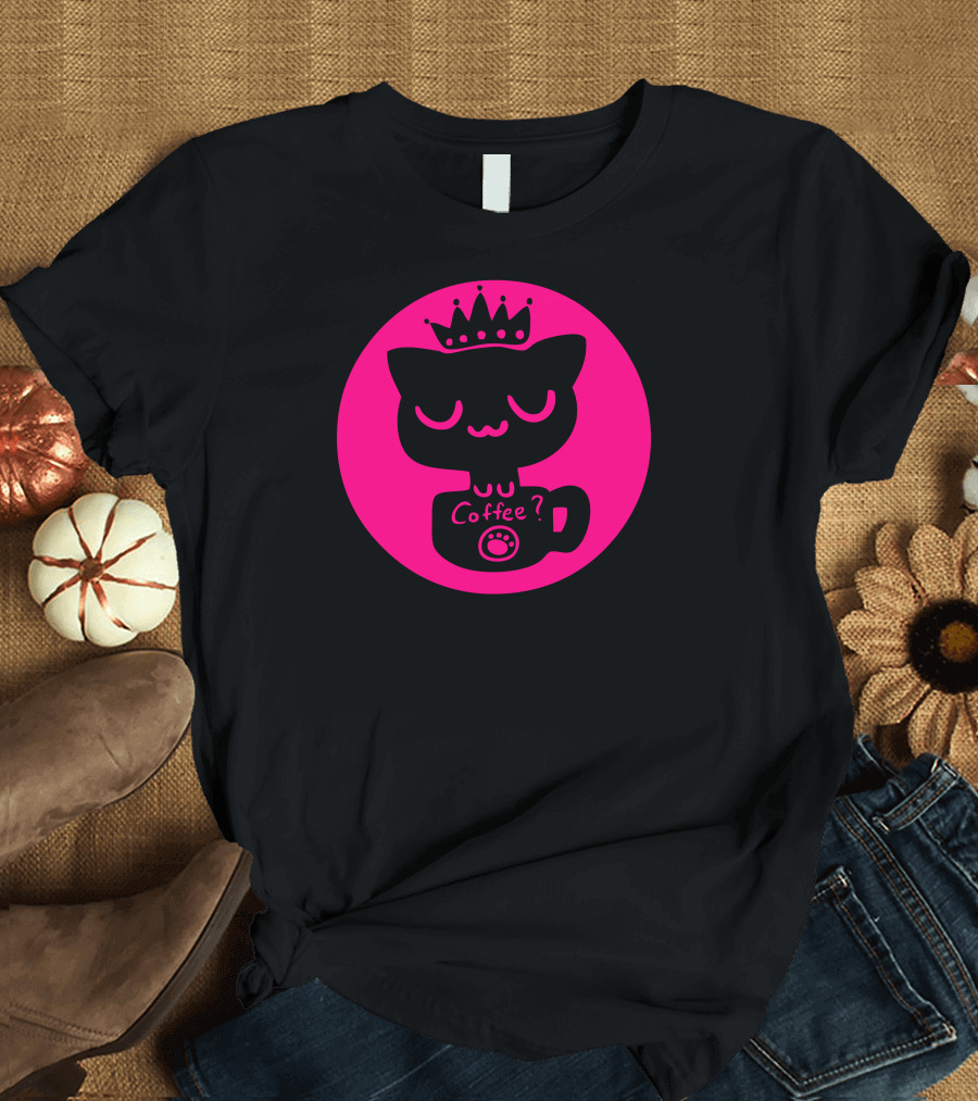 Valentine Coffee Cat with Crown and Paw Cup in Pink Circle T-Shirt