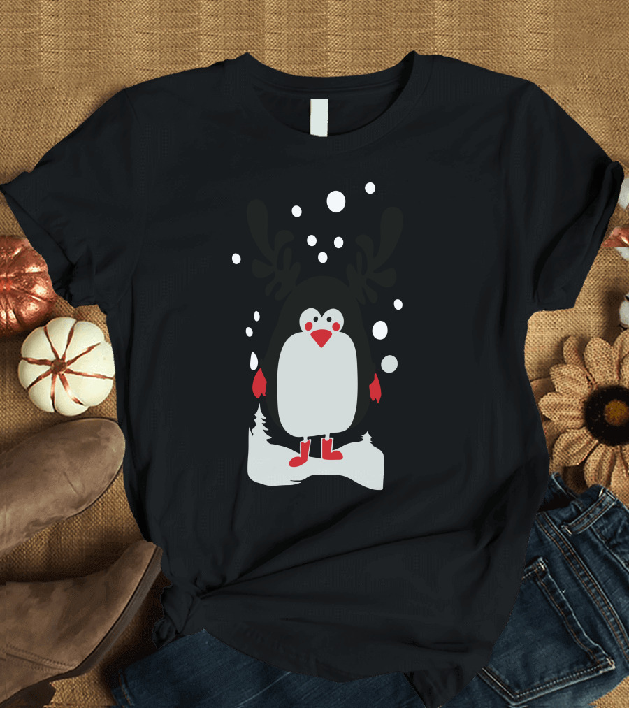 Christmas Penguin Reindeer Antlers Snowflakes T-Shirt
