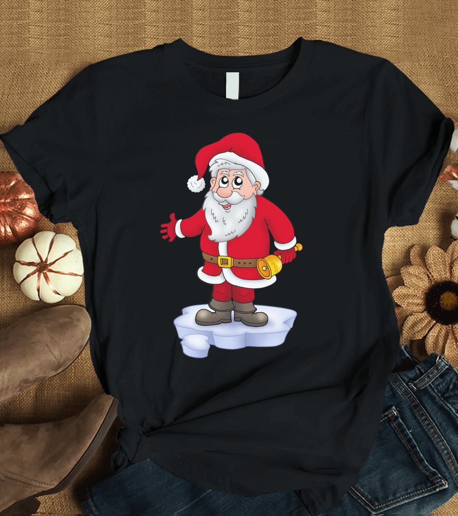 Father Christmas Santa Claus Holding Xmas Bells on Ice Patch T-Shirt