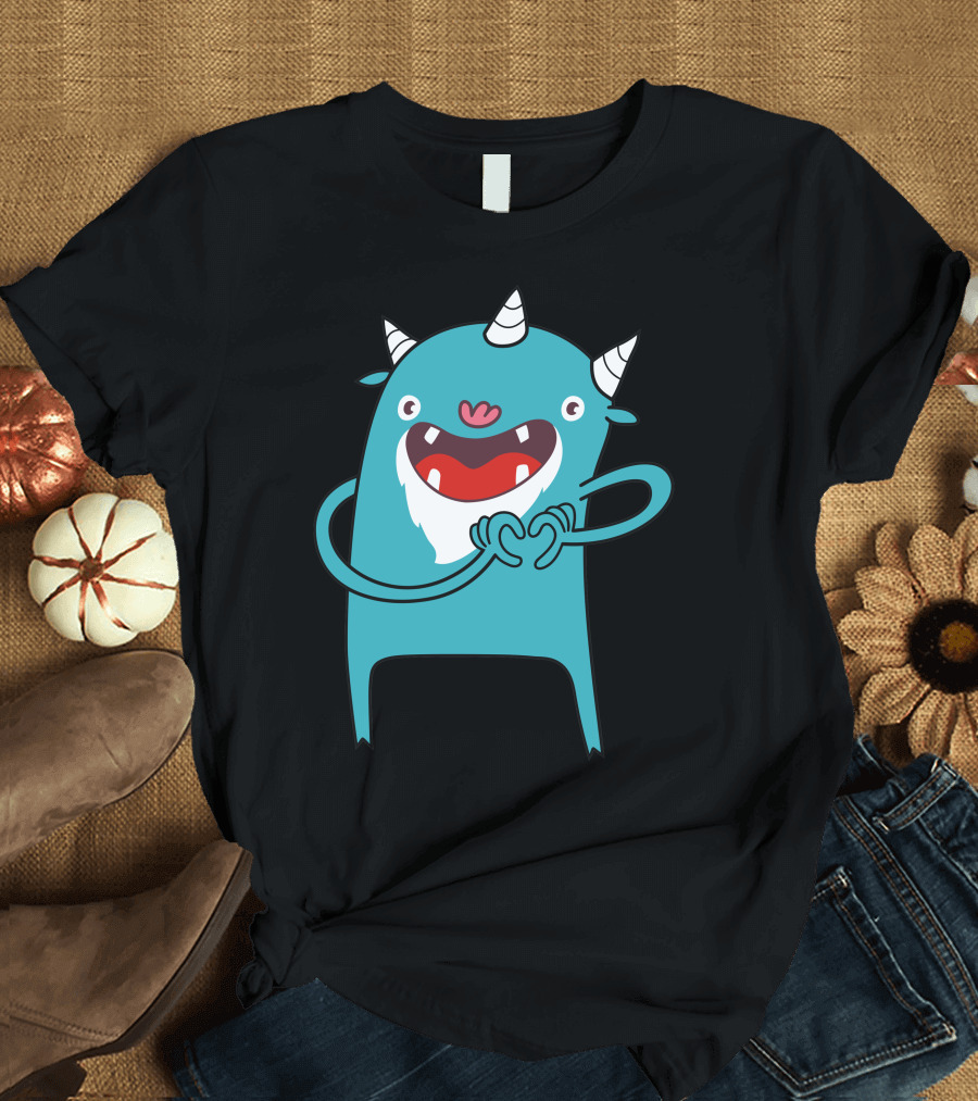 Monster Hearts You Cartoon Monster with Horns and Heart Hands T-Shirt