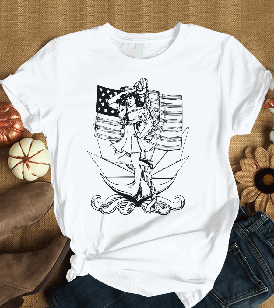 Patriotic Navy Girl with Anchor and American Flag T-Shirt