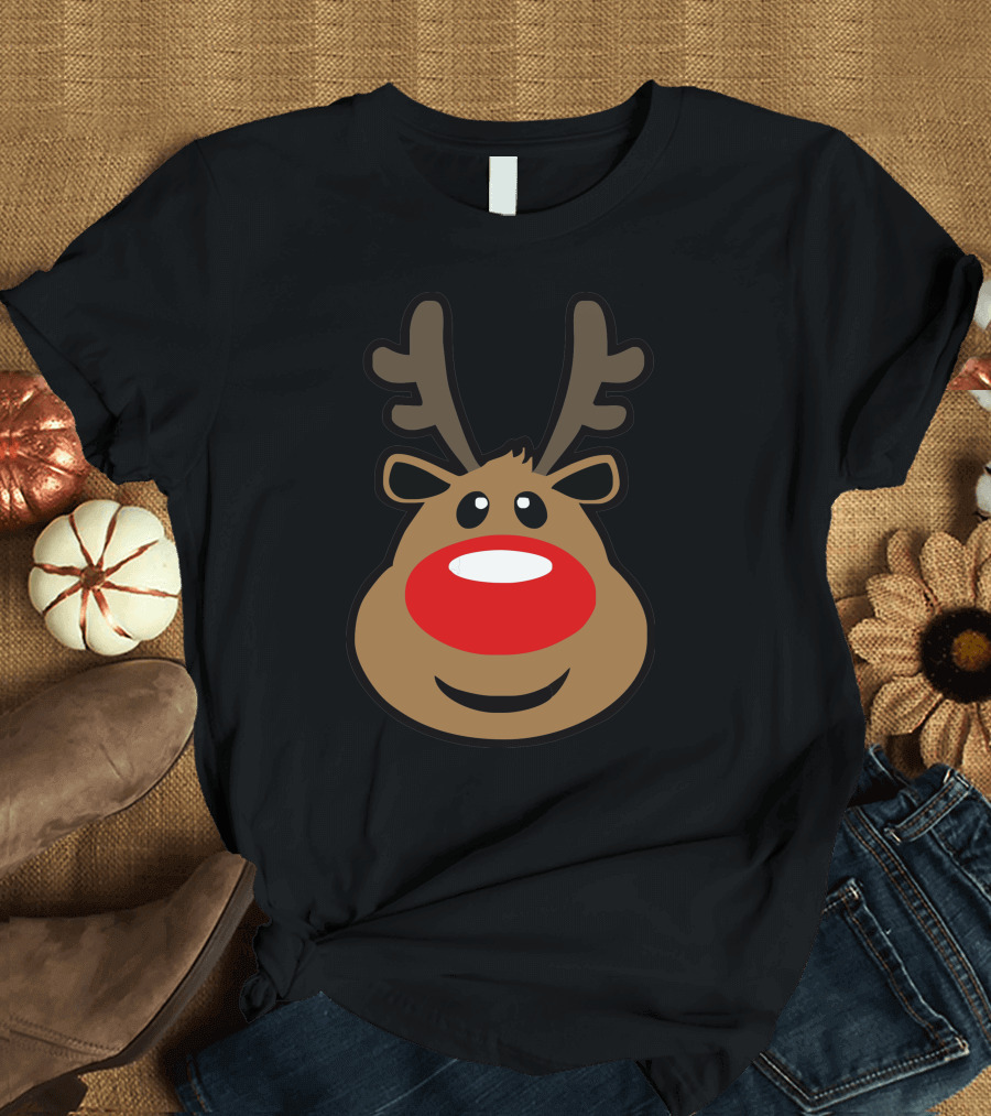 Rudolph Big Red Nose Reindeer Face with Antlers T-Shirt