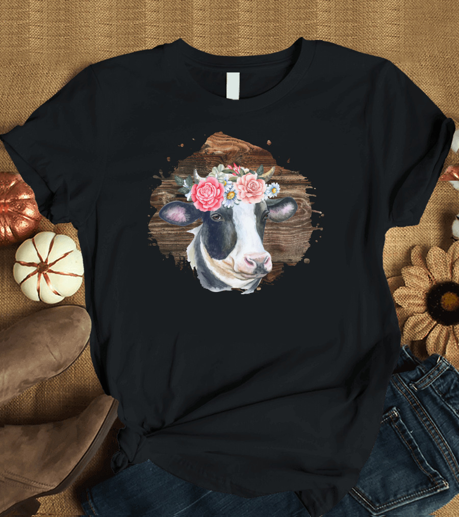 Cow Girl Floral Crown on Rustic Wood Background T-Shirt