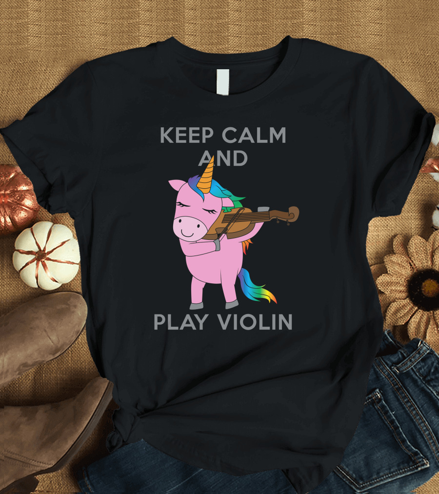 Keep Calm And Play Violin Unicorn Violinist Rainbow Horn Colorful Mane T-Shirt