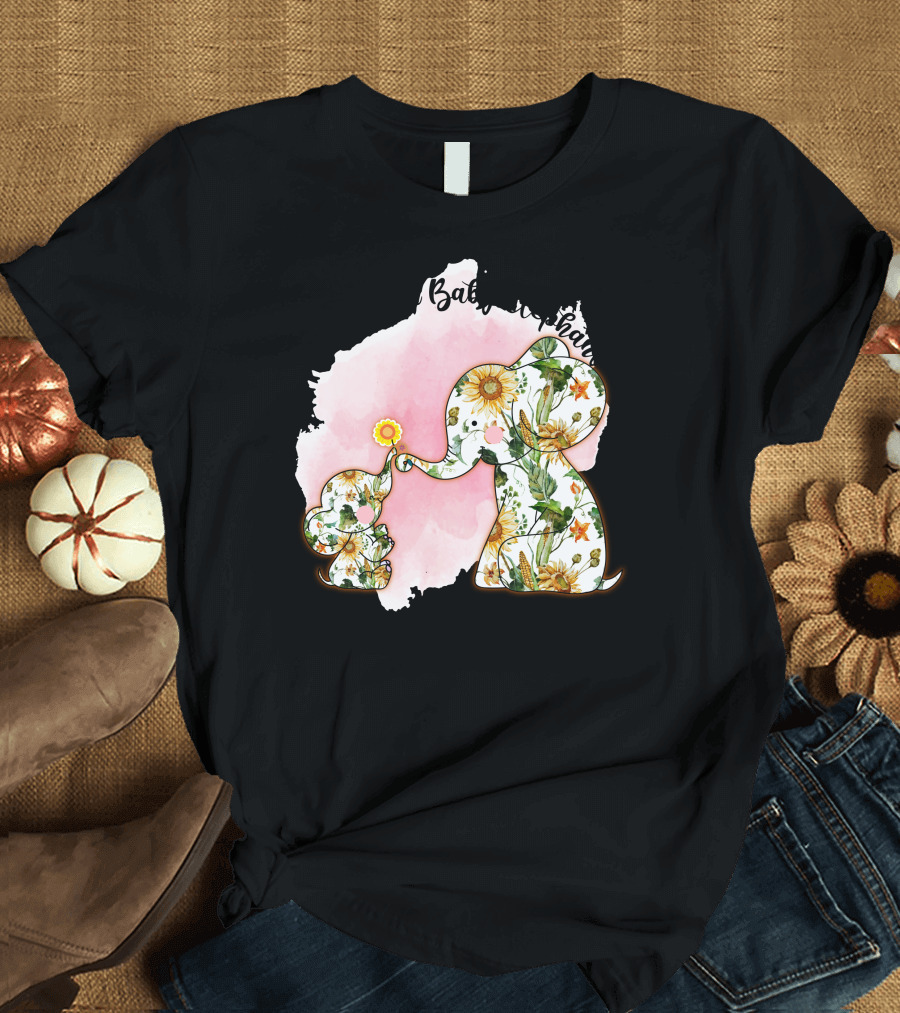Mama and Baby Elephant Floral Pattern Pink Watercolor Background T-Shirt