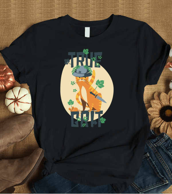 T-Shirt: TRUE GRIT Cat Jungle Helmet Sword Leaves T-Shirt TRUE GRIT Cat Jungle Helmet Sword Leaves T-Shirt