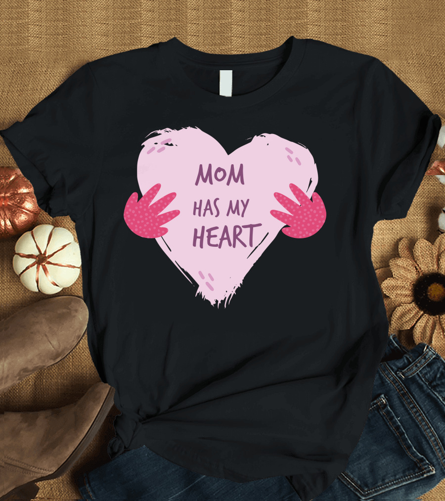 Mom Has My Heart Pink Heart with Red Hands T-Shirt