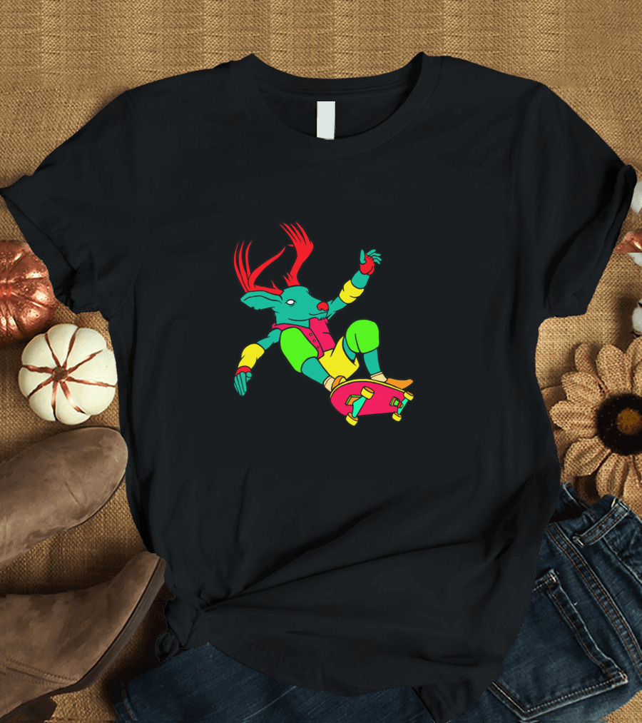 Skateboarding Neon Deer with Red Antlers and Bright T-Shirt